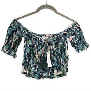 Olivaceous Off the Shoulder Crop Top Smocked Green L